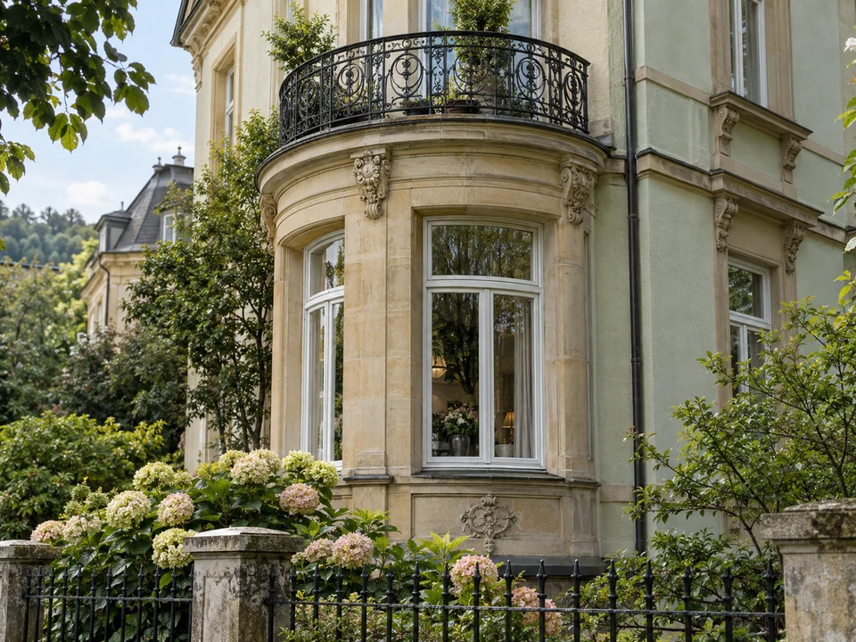 Historischer Wohnhaus-Erker mit schmiedeeisernem Balkon und grünem Vorgarten; KI-generiertes Beispiel, kein konkretes Gebäude in Potsdam.