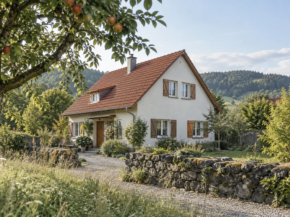 Freistehendes Wohnhaus mit rotem Ziegeldach, Obstgarten und bewaldetem Hügel; KI-generiertes Beispiel, kein konkretes Gebäude in Frankfurt (Oder).