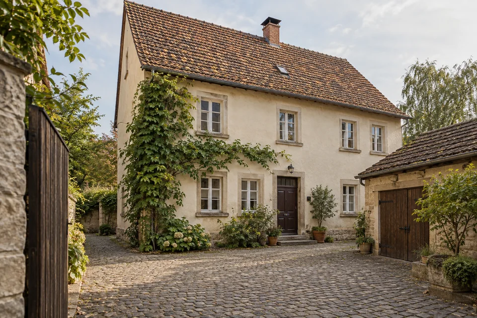 Älteres Wohnhaus mit gepflastertem Hof und Nebengebäude; KI-generiertes Beispiel, keine Ortsaufnahme aus Zossen.