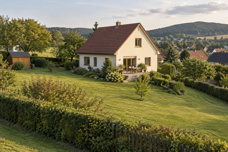 Haus mit großzügigem Garten am Ortsrand; KI-generiertes Wohnbeispiel.