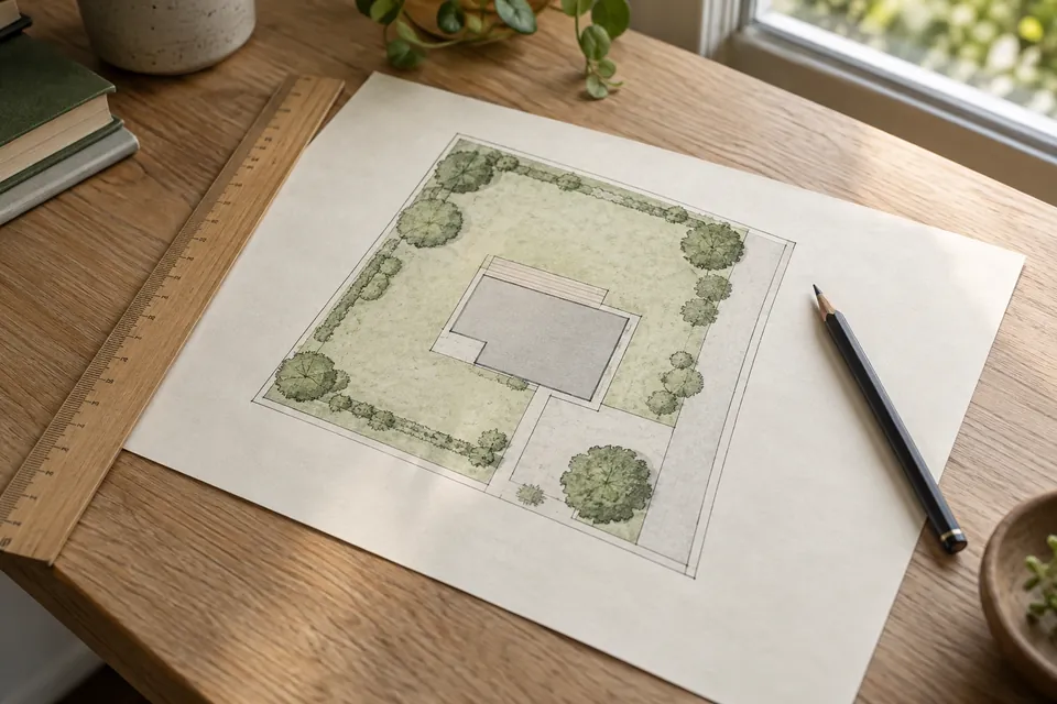 Schematische Grundstücksskizze mit Lineal und Bleistift; KI-generierte Illustration, keine amtliche Karte.