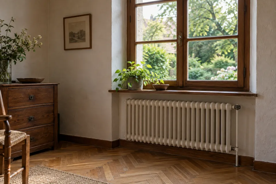 Älteres Holzfenster, Heizkörper und Parkett mit Blick in den Garten; KI-generiertes Wohnbeispiel.
