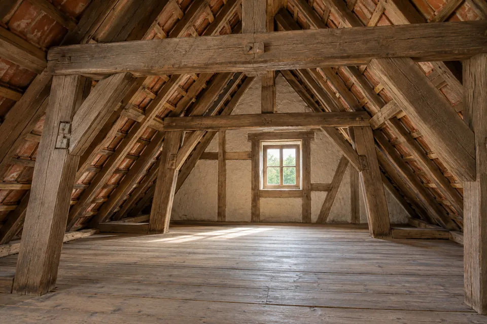 Leerer Dachraum mit sichtbaren Holzbalken; KI-generiertes Hausbeispiel.