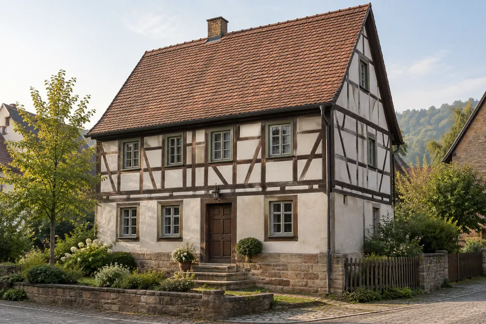 Fachwerkhaus mit hellem Putz, Ziegeldach und Garten; KI-generiertes Hausbeispiel.