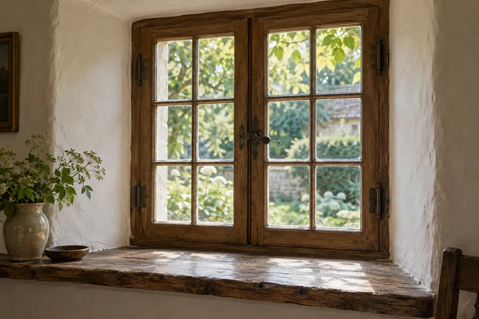 Altes Holzfenster in einer tiefen verputzten Laibung; KI-generierte Detailansicht.