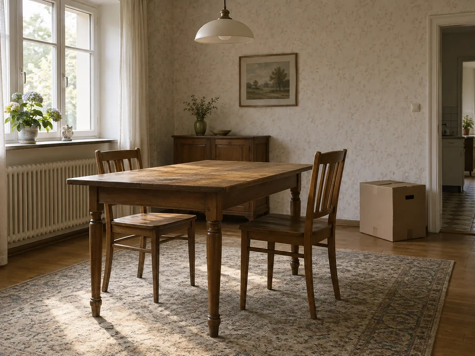 Älteres Esszimmer mit Tisch, zwei Stühlen und Umzugskarton; KI-generierte Illustration.