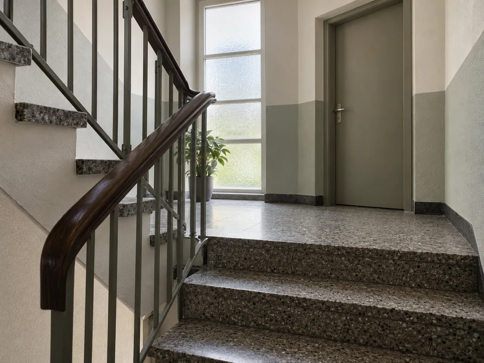Treppenhaus mit Terrazzo und Handlauf als Beispiel für gemeinsam genutzte Gebäudeteile; KI-generierte Illustration.