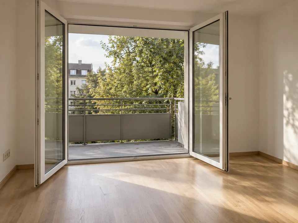 Leerer Wohnraum mit Blick auf einen Balkon; KI-generierte Illustration.