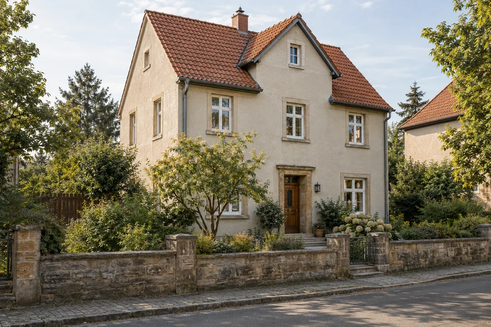 Älteres verputztes Wohnhaus mit Ziegeldach und Gartenmauer; KI-generiertes Beispiel, kein konkretes Gebäude in Bernau bei Berlin.