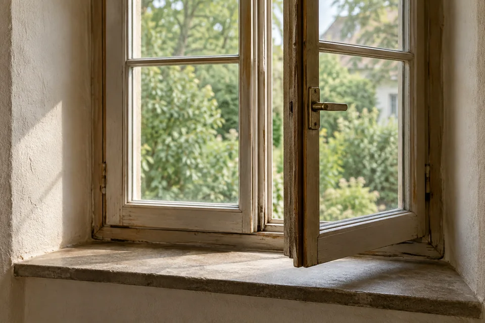 Geöffnetes älteres Holzfenster mit sichtbaren Gebrauchsspuren; KI-generierte Illustration.