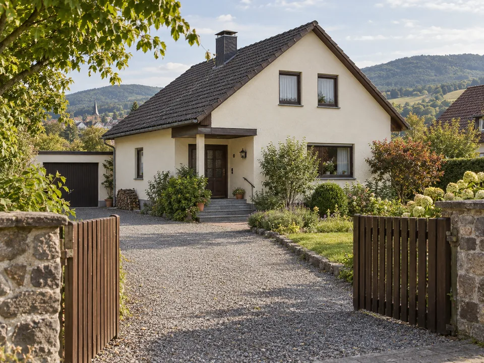 Einfamilienhaus mit heller Putzfassade, dunklem Satteldach und geöffneter Garteneinfahrt; KI-generiertes Beispiel.
