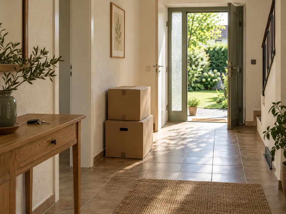 Umzugskartons und Schlüssel in einem hellen Hausflur mit geöffneter Tür zum Garten; KI-generiertes Beispiel.