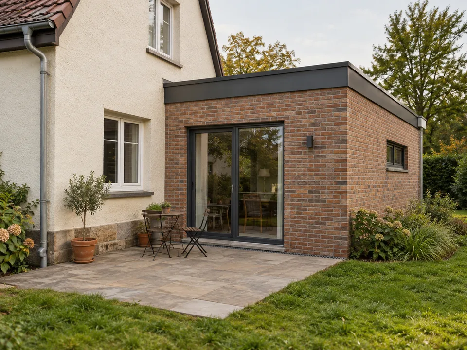 Älteres Wohnhaus mit späterem Backsteinanbau; KI-generierte Illustration.