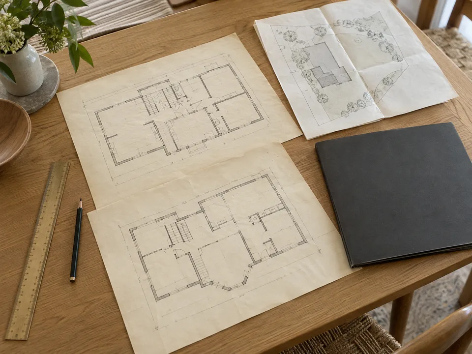 Ältere Grundrisse und Lageplan auf einem Tisch; KI-generierte Illustration ohne echte Objektdaten.