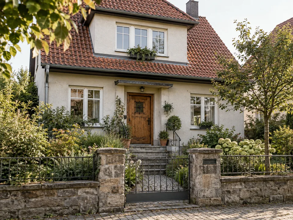 Älteres verputztes Wohnhaus mit Holzhaustür und Vorgarten; KI-generiertes Beispiel, kein Gebäude in Eberswalde.
