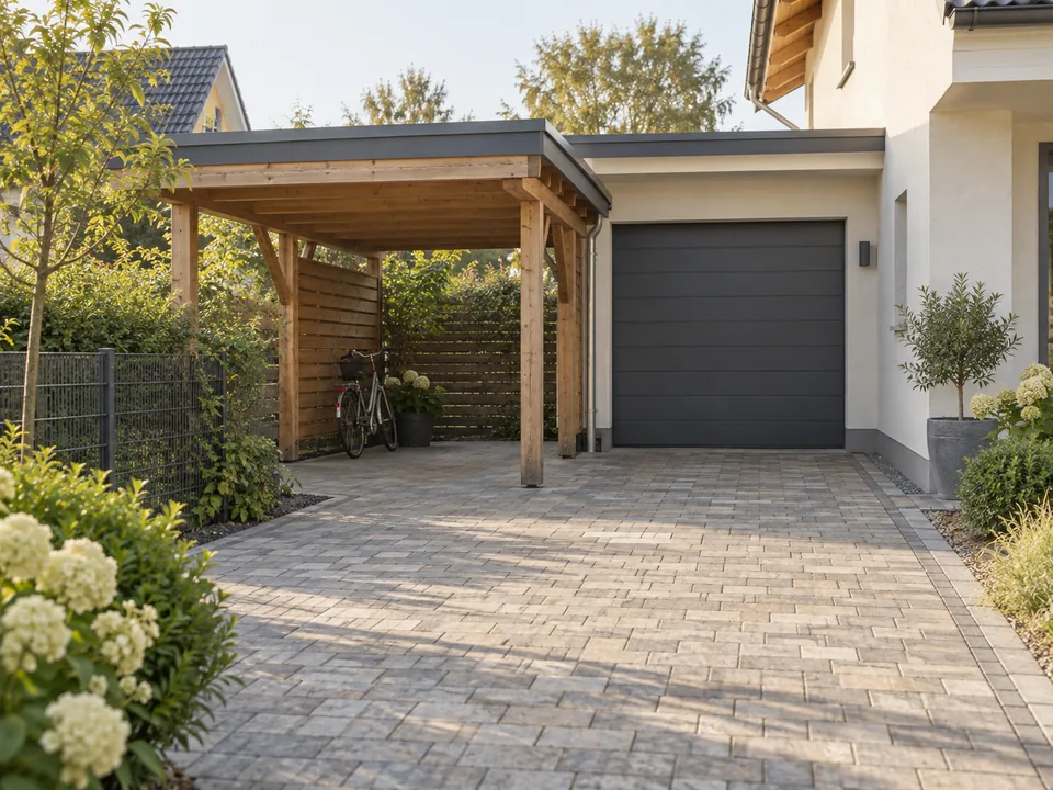 Zufahrt mit Garage und Carport eines Beispielhauses; KI-generierte Illustration.