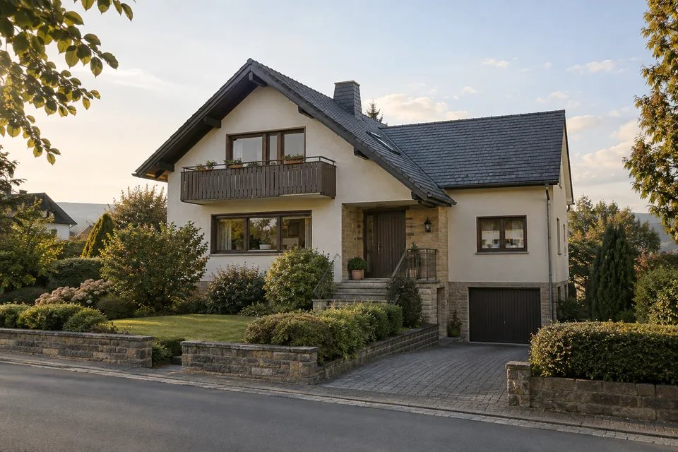 Wohnhaus mit Balkon und gewachsenem Garten; KI-generiertes Beispiel, kein konkretes Gebäude in Falkensee.
