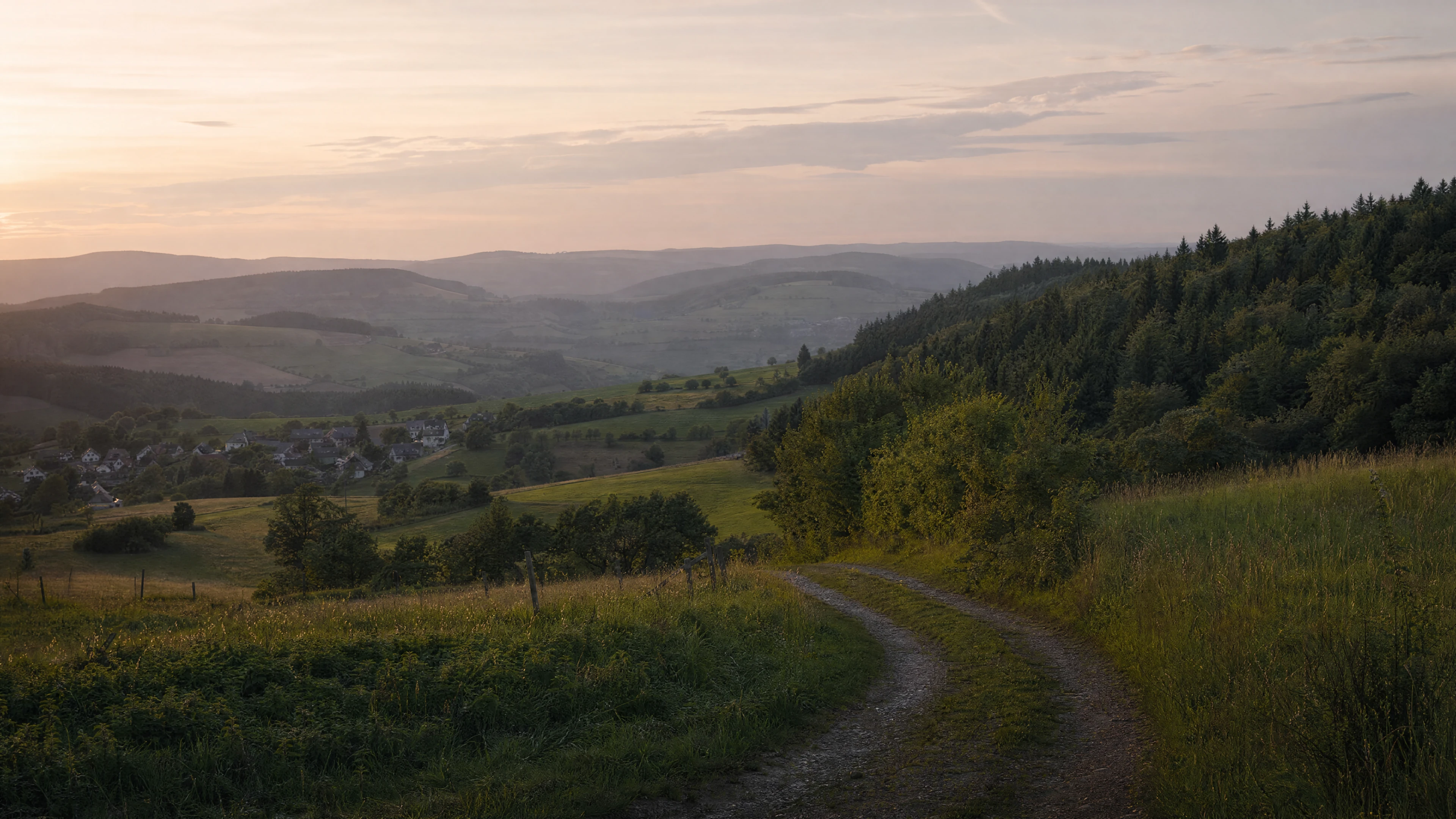 Illustrative Landschaft im warmen Abendlicht mit ruhiger Weite