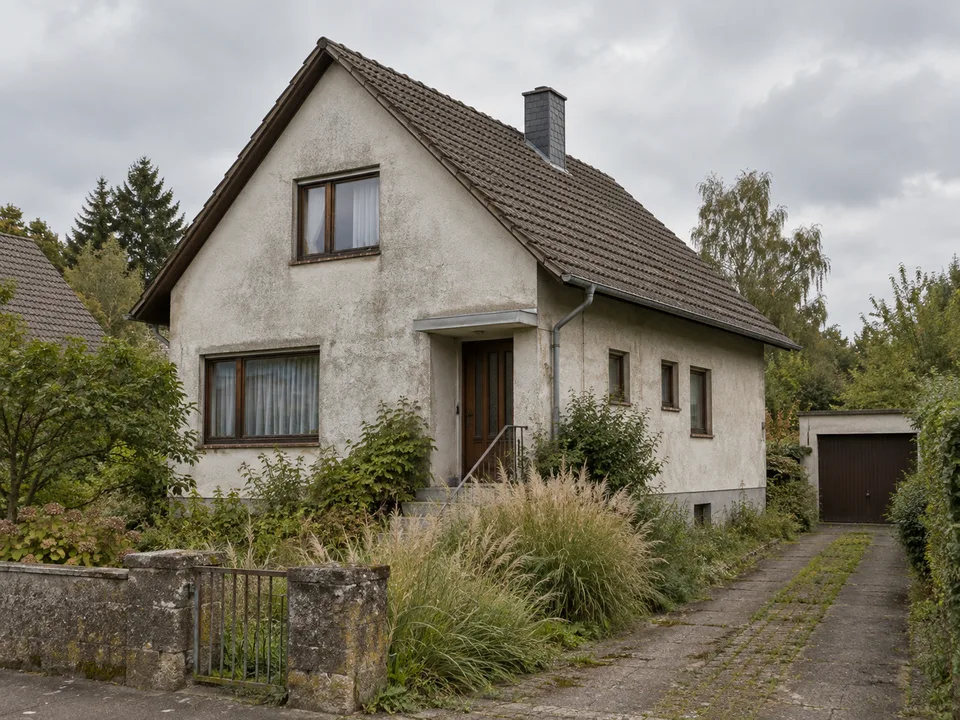 Älteres Einfamilienhaus mit verwitterter Putzfassade und bewachsenem Vorgarten; KI-generiertes Beispiel.