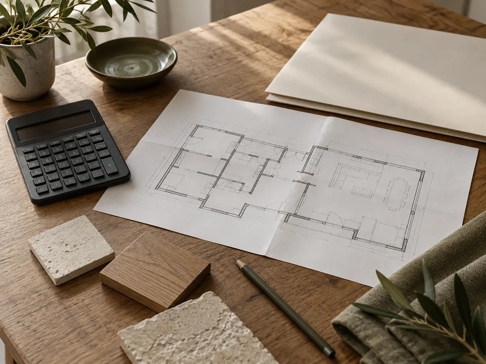 Grundriss, Taschenrechner und Materialmuster auf einem Holztisch; KI-generierte Planungsszene.