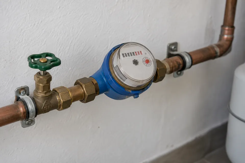 Wasserzähler an einer Kupferleitung im Hausanschlussraum; KI-generierte Illustration, kein tatsächlicher Messwert.