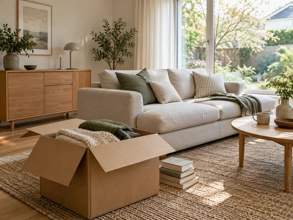 Bewohntes Wohnzimmer mit Sofa und einem offenen Umzugskarton; KI-generierte Illustration.