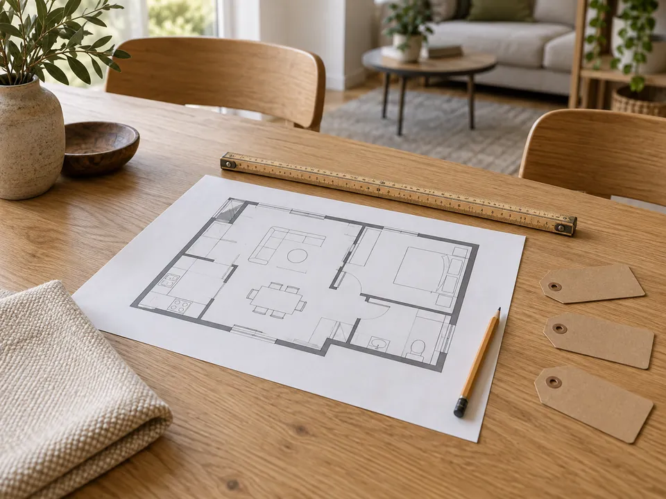 Grundriss, Zollstock und Stift auf einem Holztisch zur Umzugsplanung; KI-generierte Illustration.