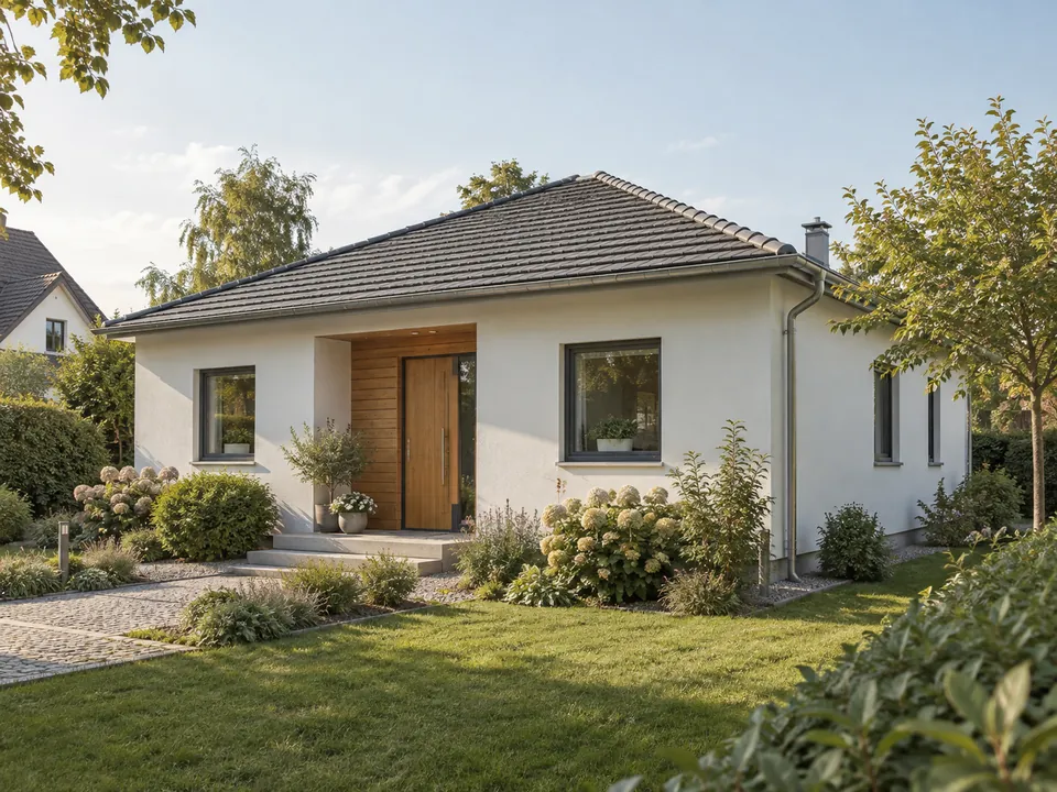 Kleines eingeschossiges Haus mit heller Fassade, Holzeingang und Garten; KI-generiertes Wohnbeispiel.