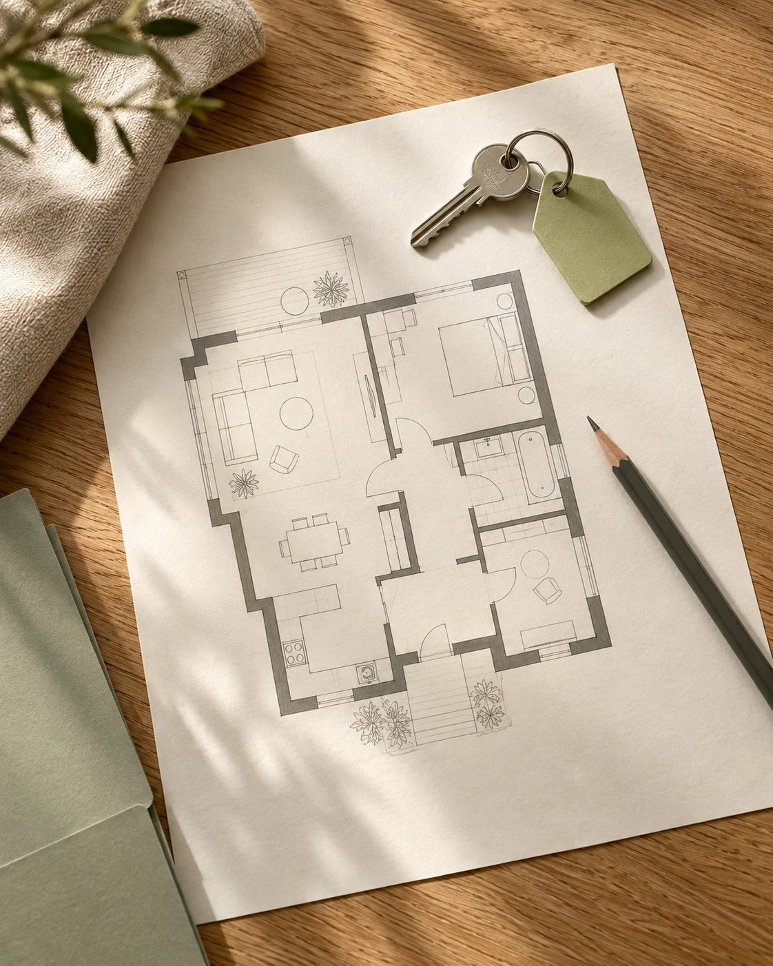 Grundriss, Bleistift und Hausschlüssel mit grünem Anhänger von oben auf einem Holztisch. KI-generierte Beispielszene.