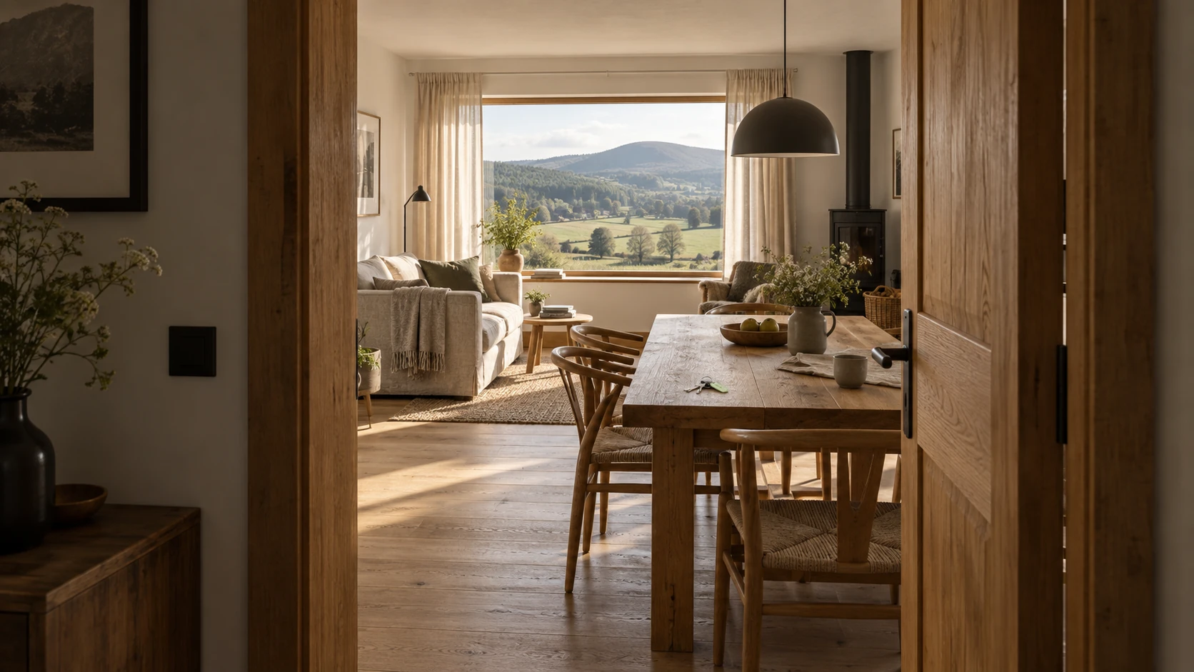 Blick durch eine offene Holztür in einen Wohnraum; auf dem Tisch liegt ein Schlüssel mit grünem Anhänger. KI-generiertes Beispielhaus.