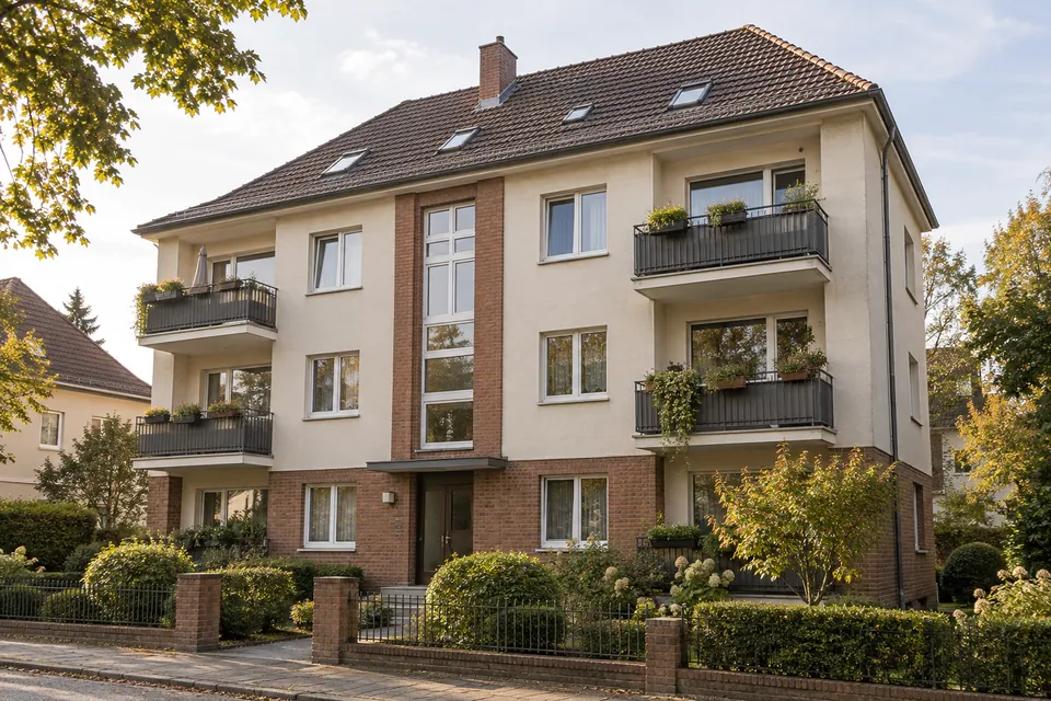 Mehrfamilienhaus mit Balkonen und gemeinsamem Eingang; KI-generiertes Wohnbeispiel.