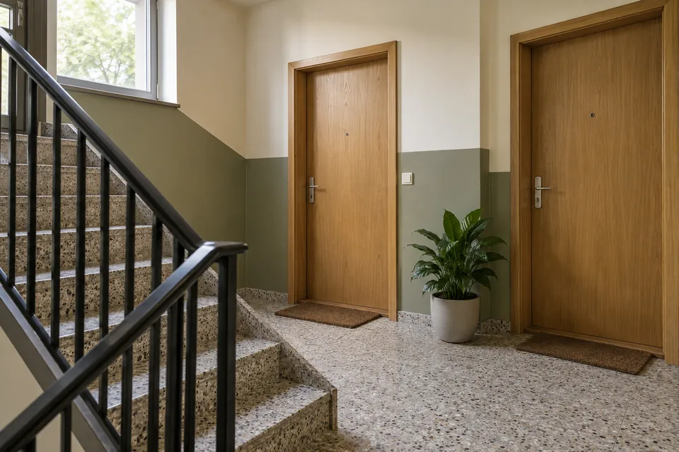 Gemeinsames Treppenhaus mit geschlossenen Wohnungstüren; KI-generiertes Wohnbeispiel.