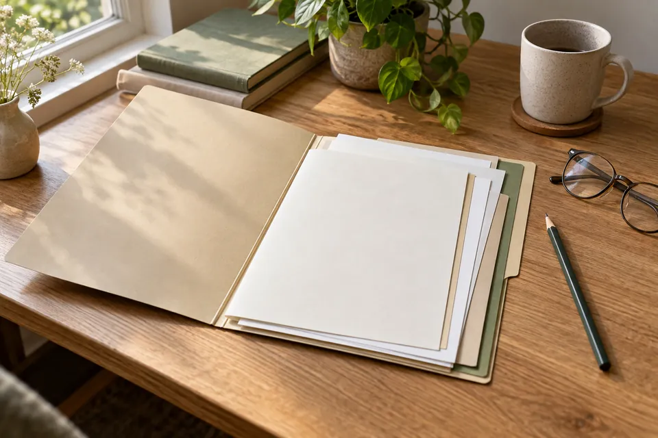 Dokumentenmappe, Brille und Stift auf einem Holztisch; KI-generierte Illustration.